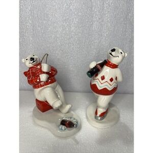 Coca Cola 1995 Enesco Ceramic Polar Bear Ice Fishing‎ & Skating Vtg Ornaments